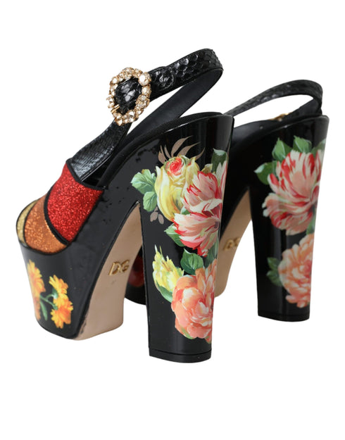 Dolce & Gabbana Multicolor Floral Crystal Platform Heels Sandals Shoes